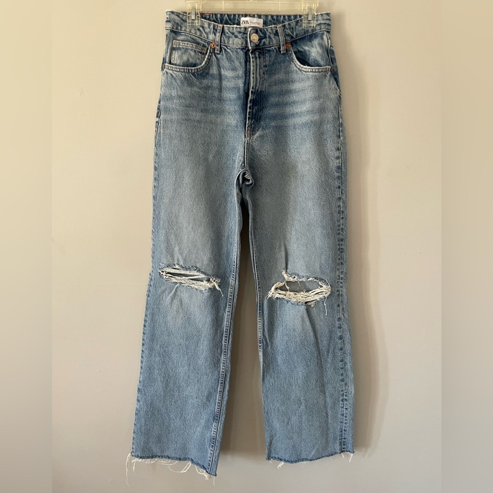 Zara Wide Leg High Waisted Distressed Jeans Sz 10